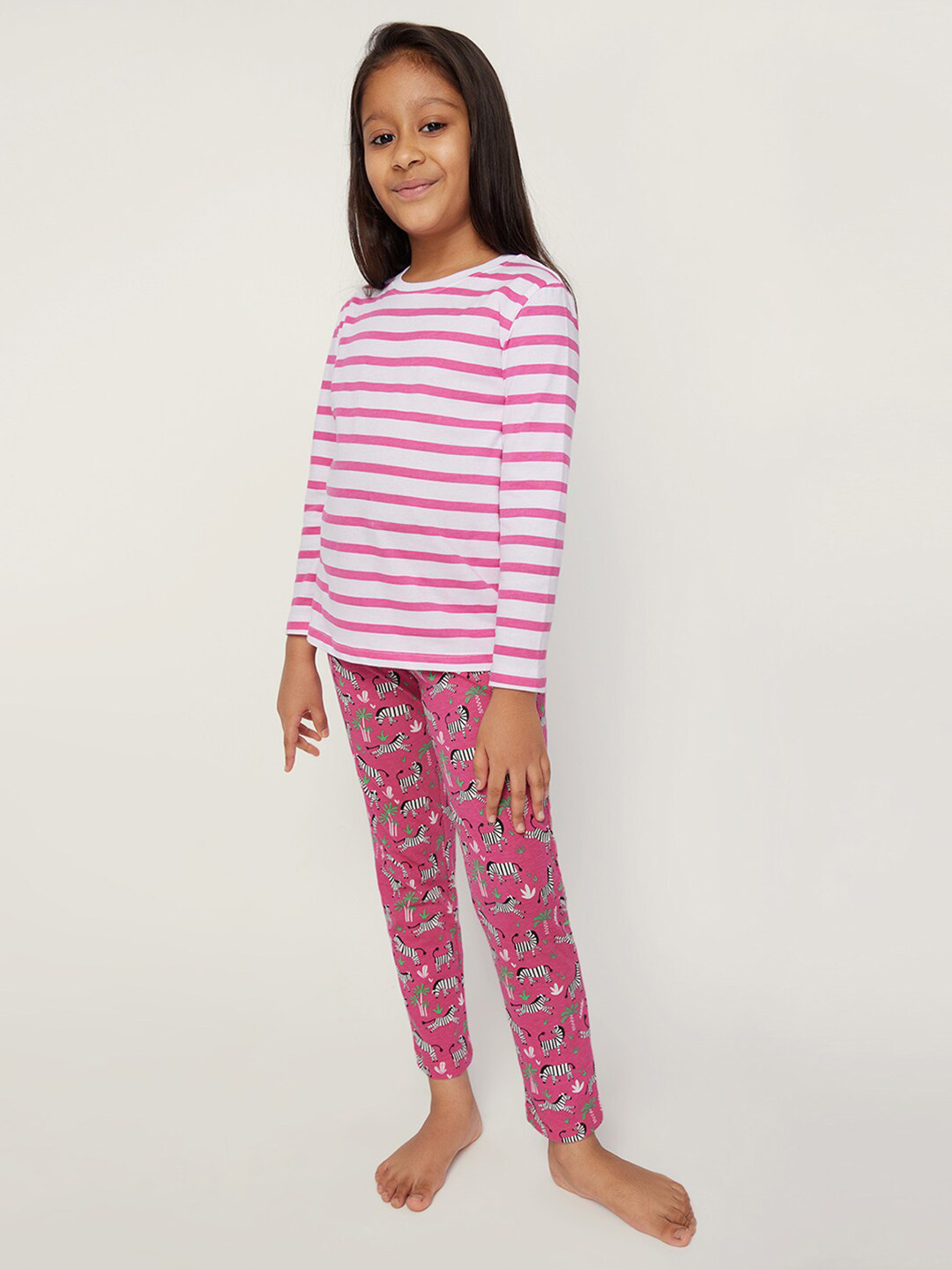 frangipani Girls Pink & White Printed Pure Cotton Tshirt With Pyjamas