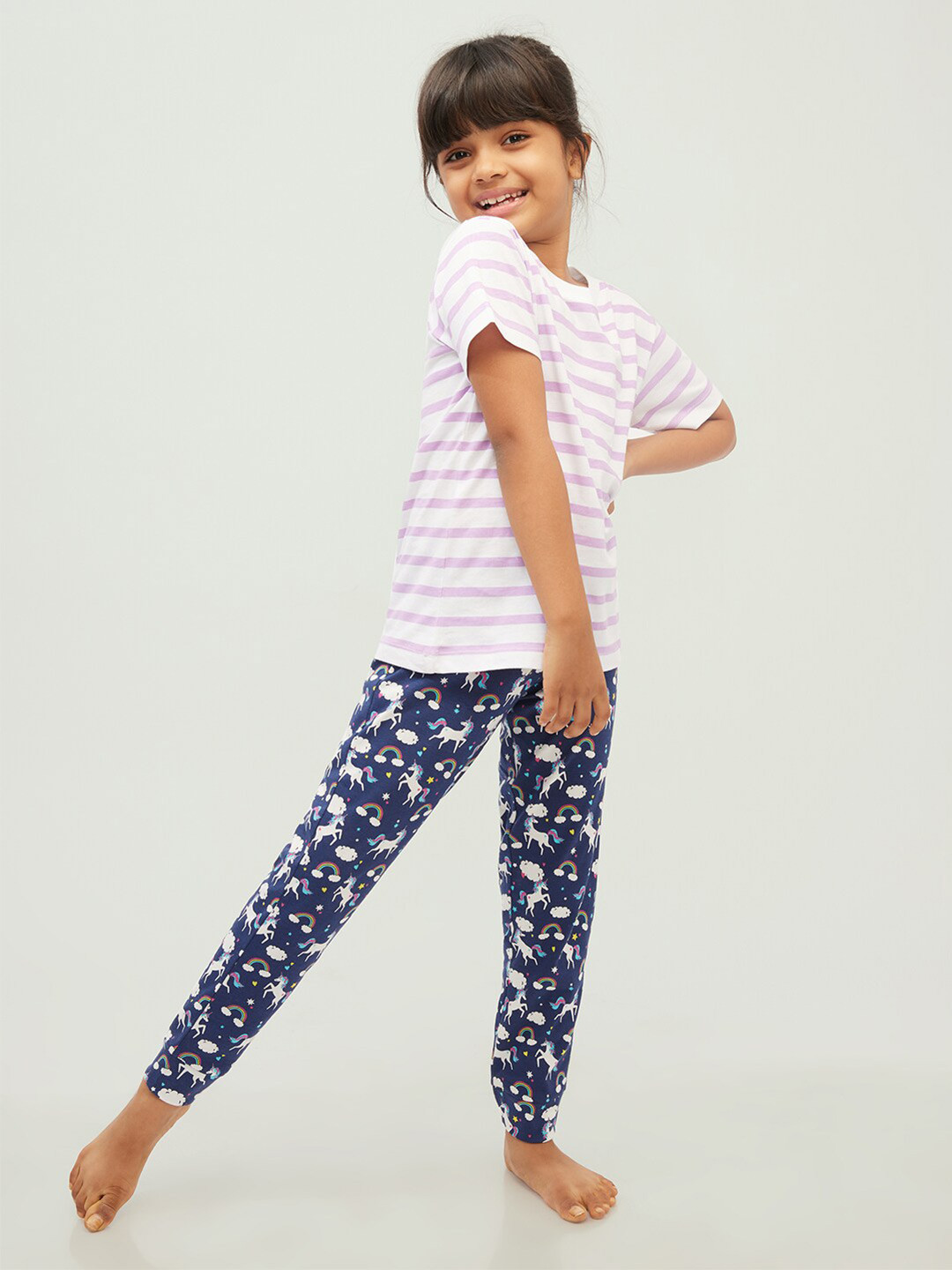 frangipani Girls White & Navy Blue Printed T-shirt with Pyjamas