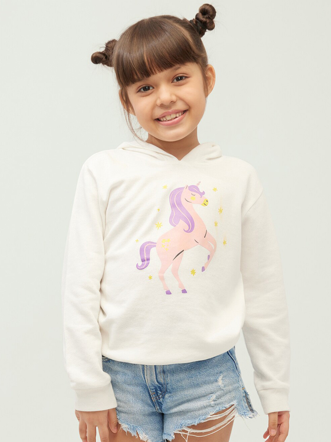 frangipani Girls White Printed Hooded Sweatshirt