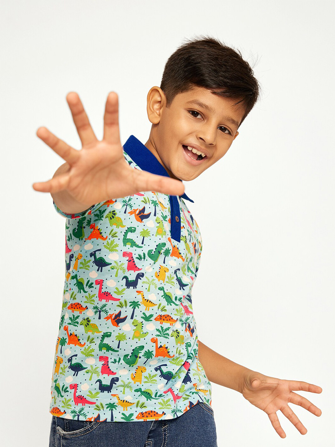 frangipani Boys Multicoloured Printed Mandarin Collar Applique T-shirt