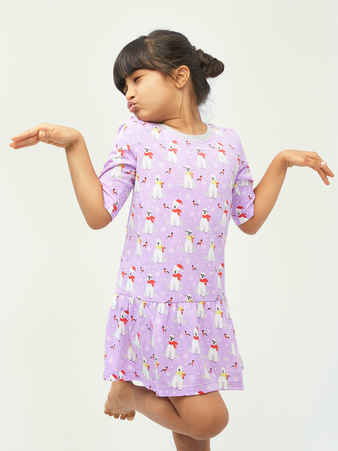 frangipani Girls Lavender & White Polar Bear Printed A-Line Dress