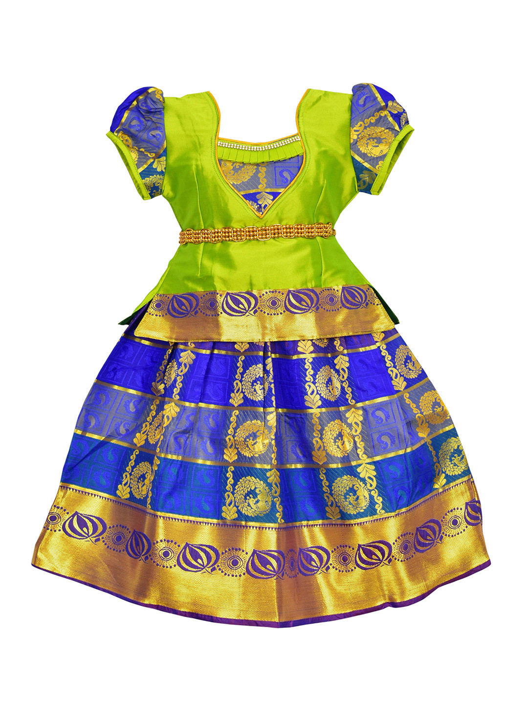 AMIRTHA FASHION Girls Green & Blue Embellished Ready to Wear Lehenga & Choli