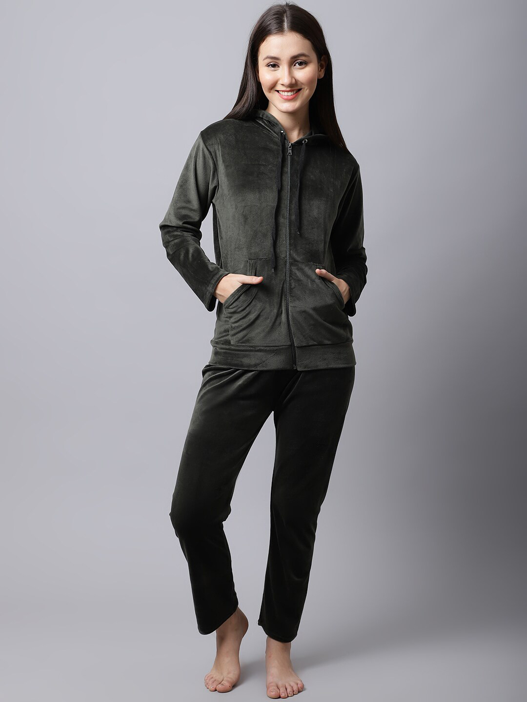 TAG 7 Women Olive Green Hoodie Night suit