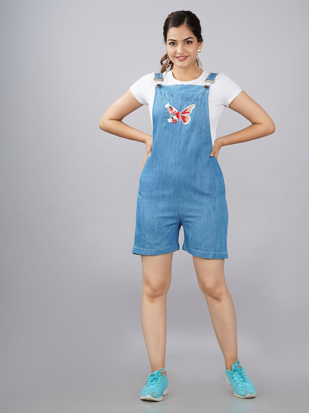 SUMAVI-FASHION Women Blue Butterfly Linen Denim Pinafore Dress