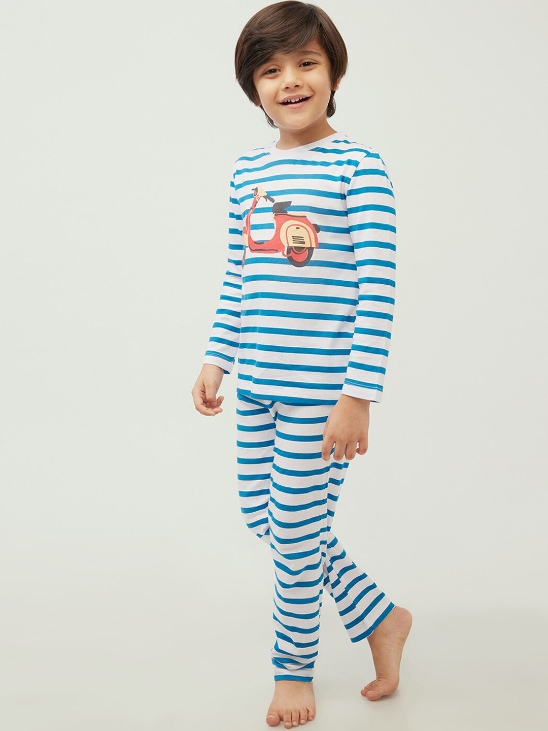 frangipani Boys Blue & Off White Pure Cotton Striped Night suit
