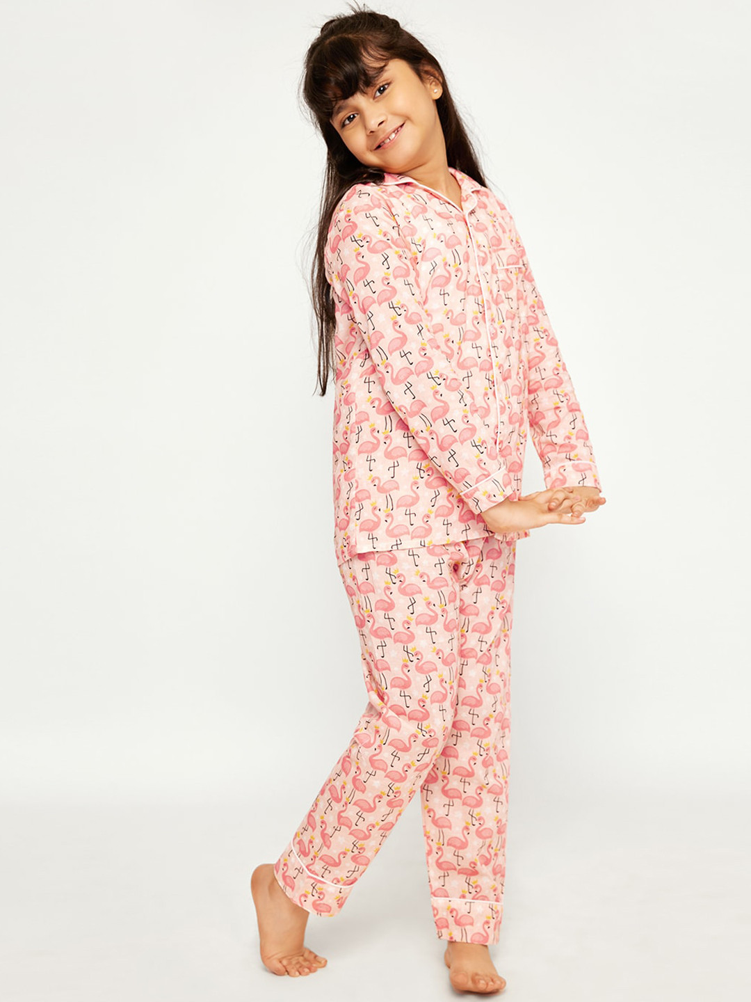 frangipani Girls Pink Flamingo Printed Pure Cotton Night suit