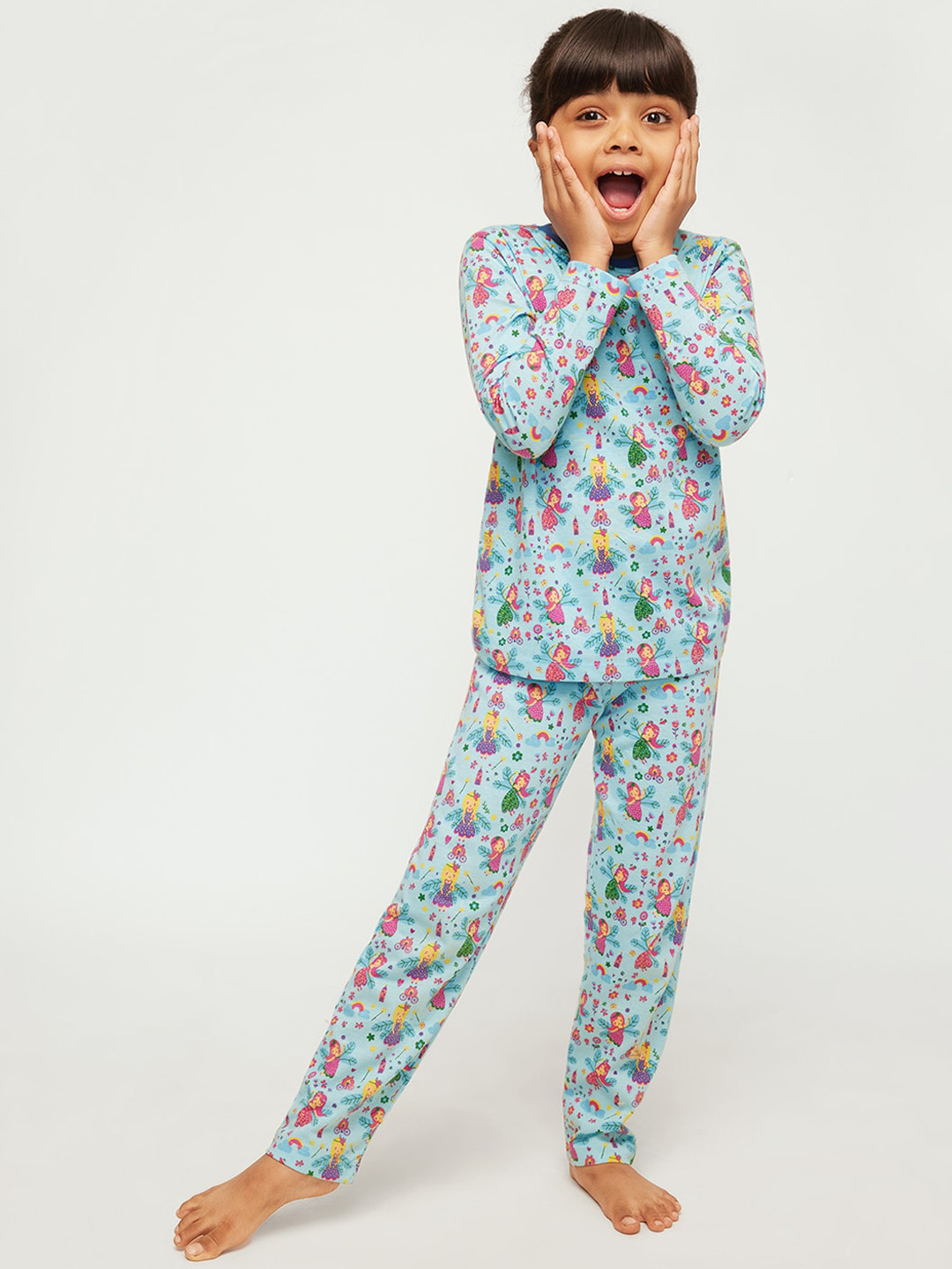 frangipani Girls Blue And Pink Printed Pure Cotton Night suit