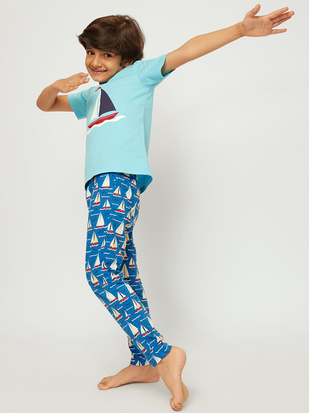 frangipani Boys Blue & Off White Printed Pure Cotton Night suit