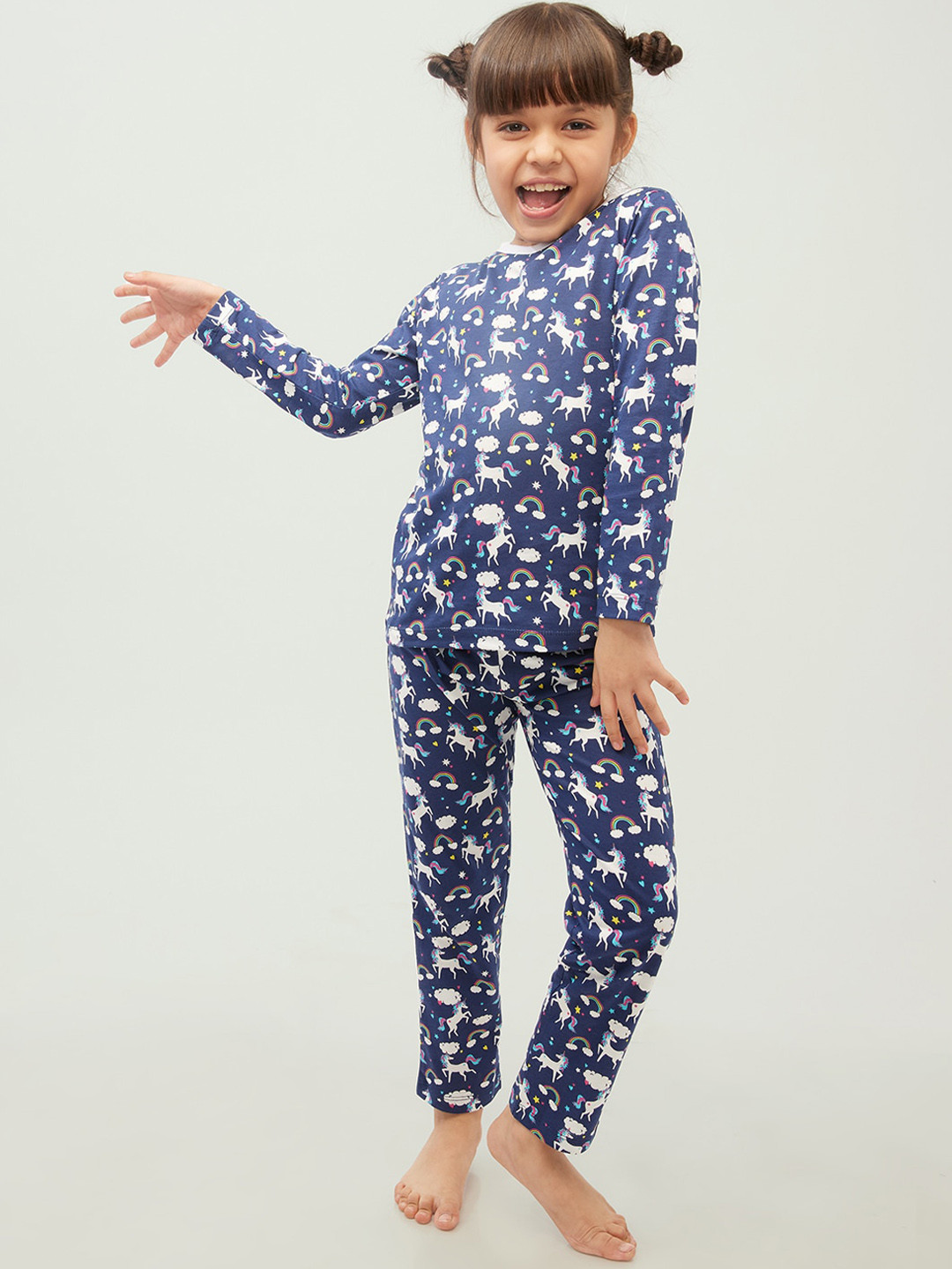 frangipani Girls Blue & White Unicorn Printed Night suit