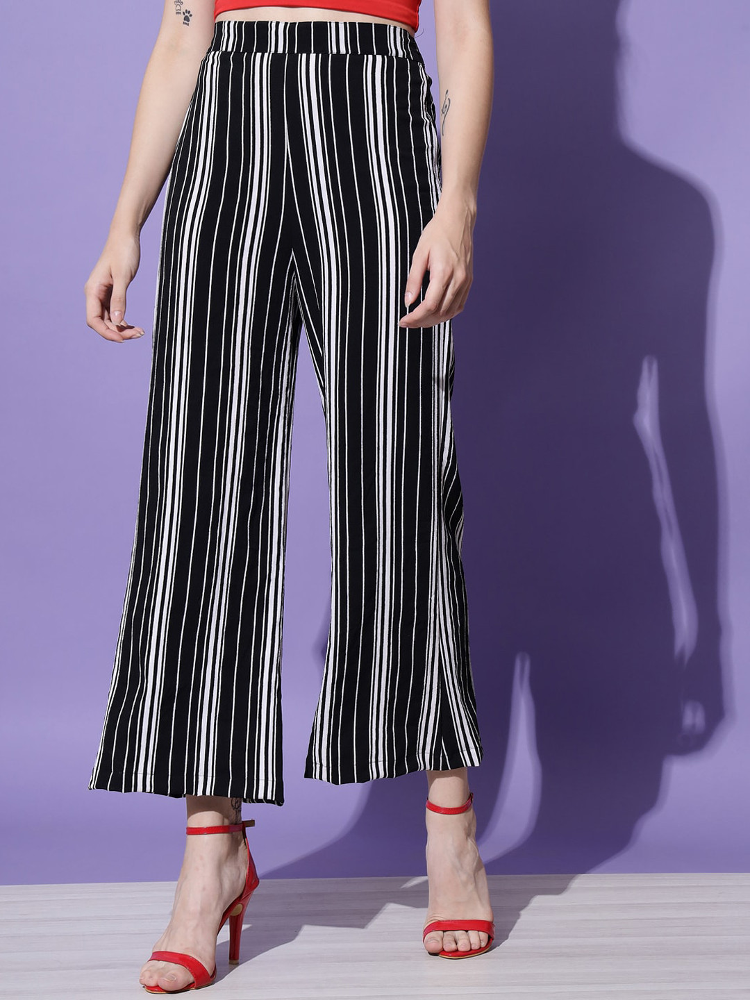 Trend Arrest Women Black Striped Relaxed Loose Fit High-Rise Culottes Trousers