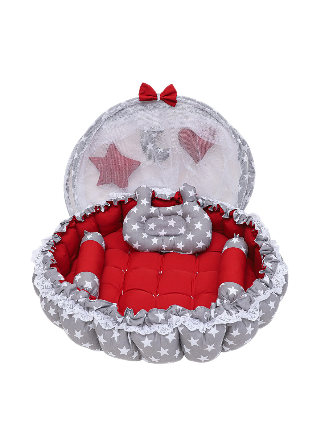 LOREM Infants Grey & Red Printed Cotton Baby Bed Set