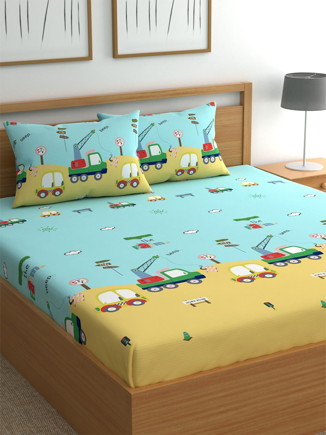 CHHAVI INDIA Ultrasoft Yellow Graphic Polycotton 210 TC Queen Fine Bedsheet with 2 Pillow Covers-89 x 98 inches