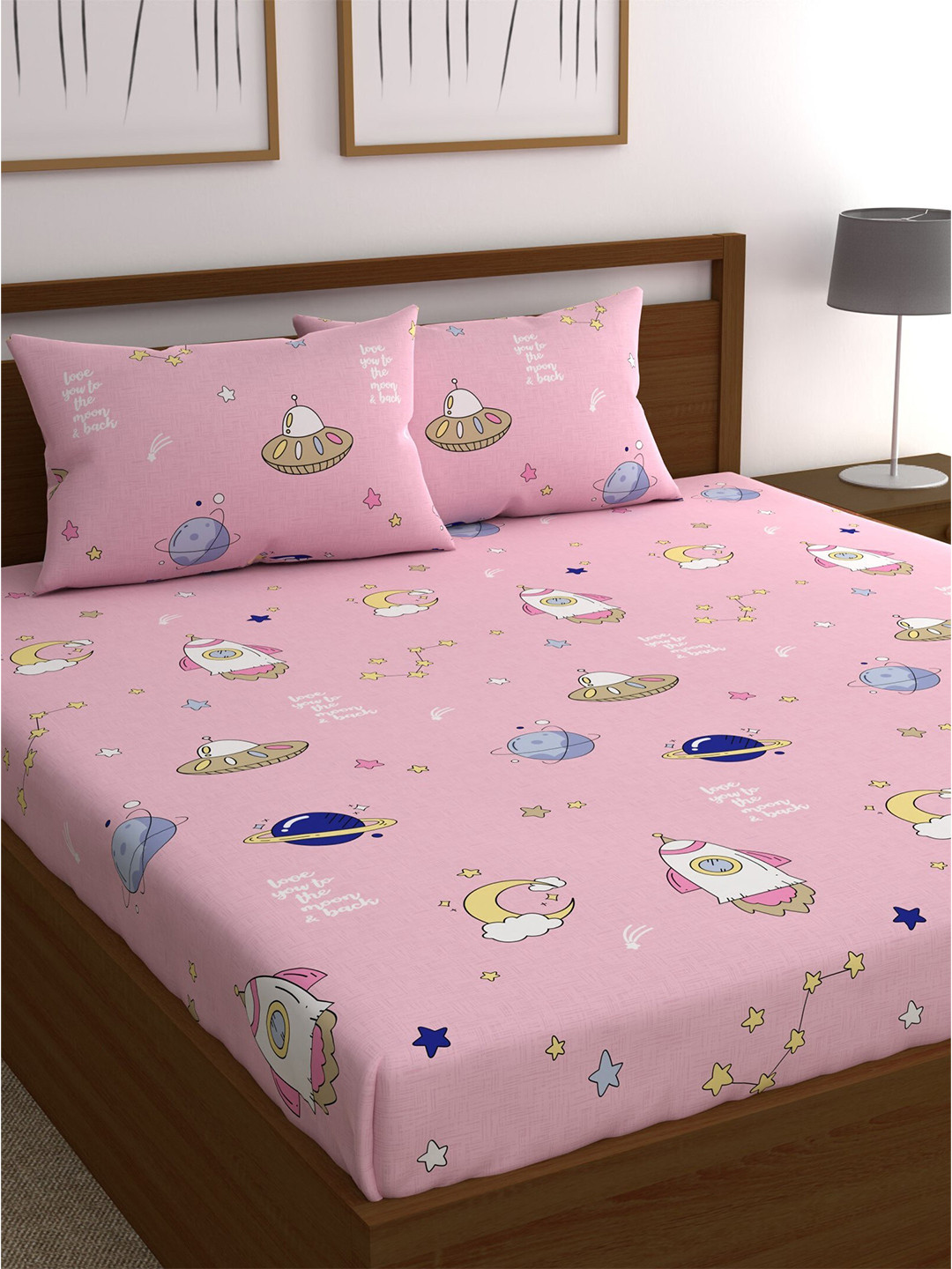 CHHAVI INDIA Pink Graphic Polycotton 210 TC Queen Fine Bedsheet with 2 Pillow Covers-72 x 78 inches