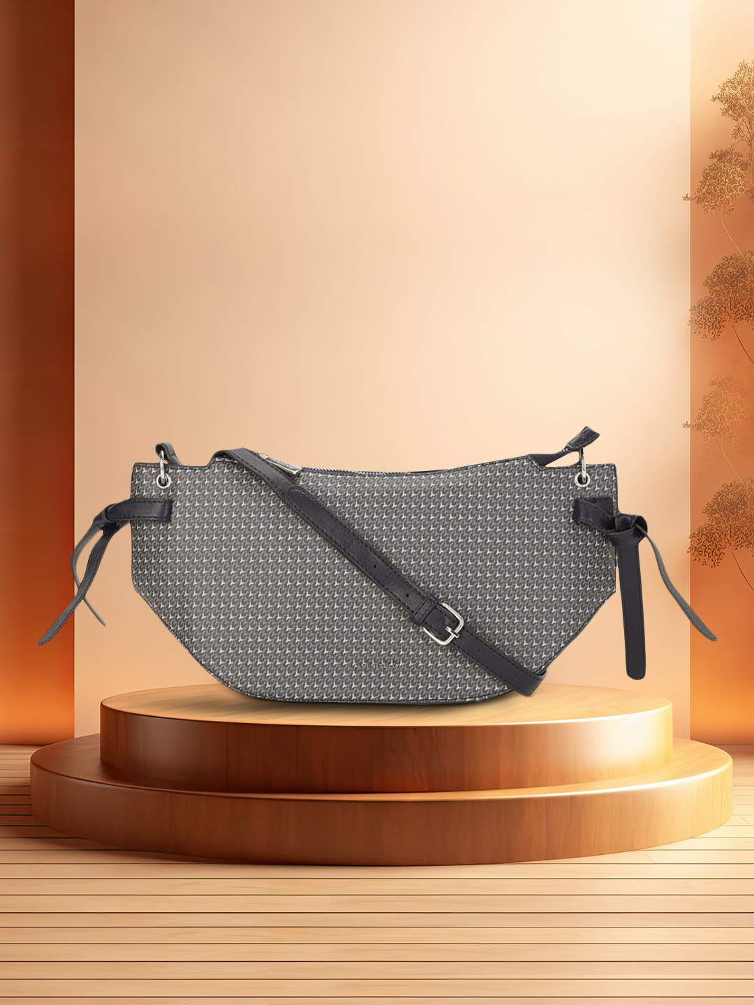 Allen Solly Grey Geometric Textured PU Swagger Sling Bag With Tasselled