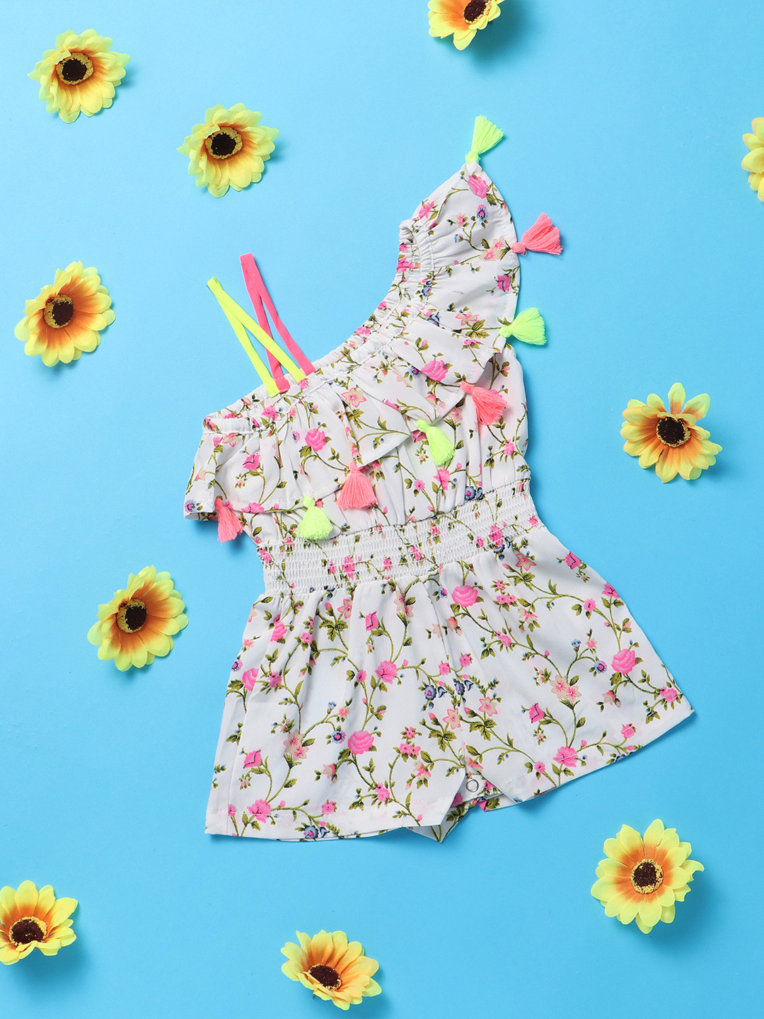 Nauti Nati Girls Cream-Coloured & Green Printed One Shoulder Basic Jumpsuit