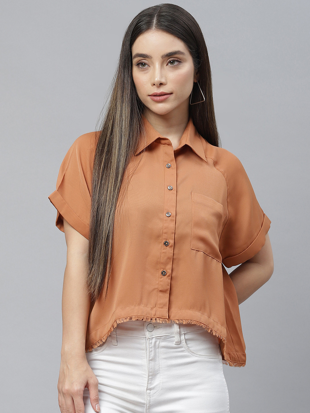 Cottinfab Women Rust Brown Casual Shirt