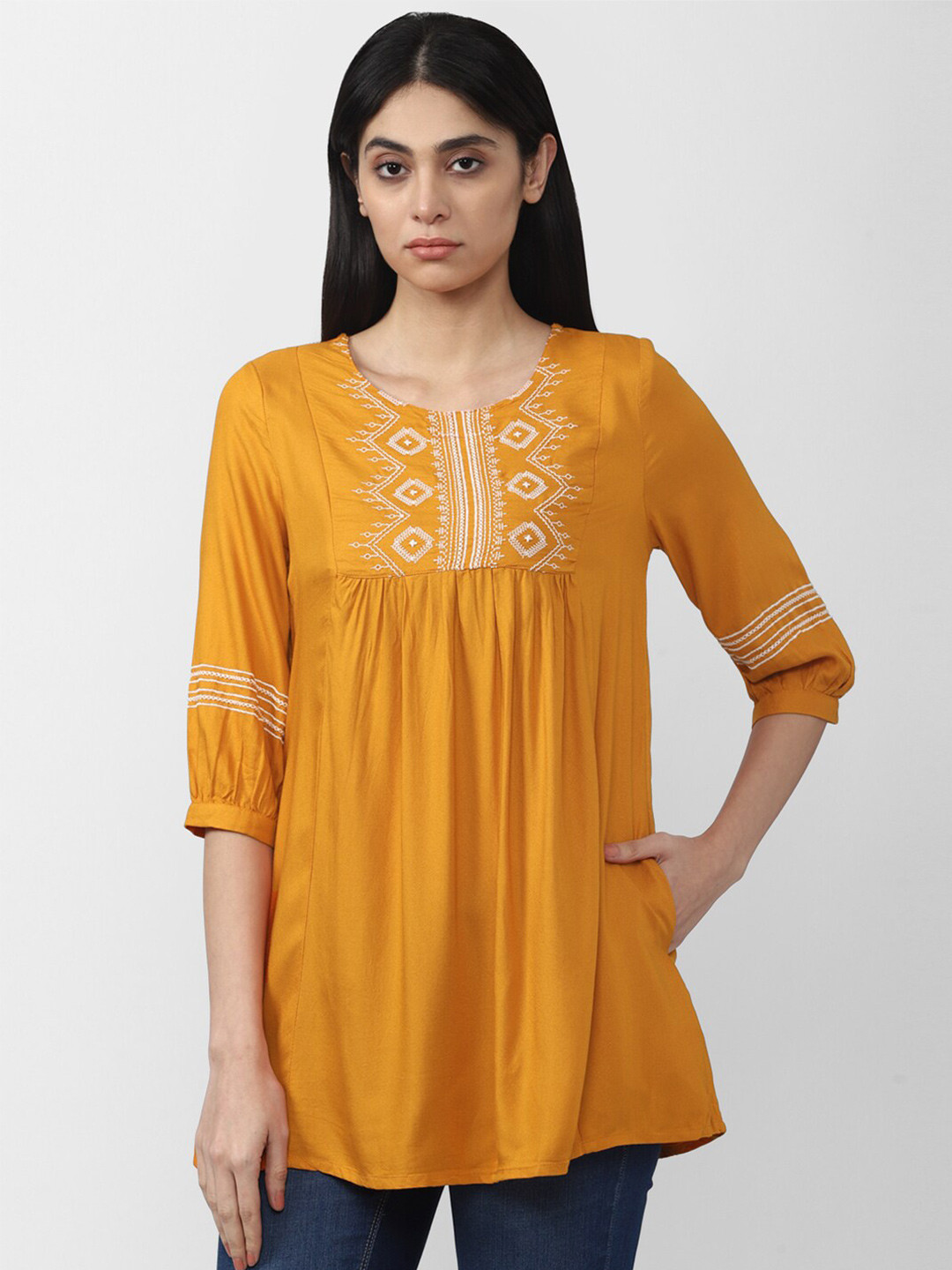 Van Heusen Woman Mustard Viscose Rayon Embroidered Tunic