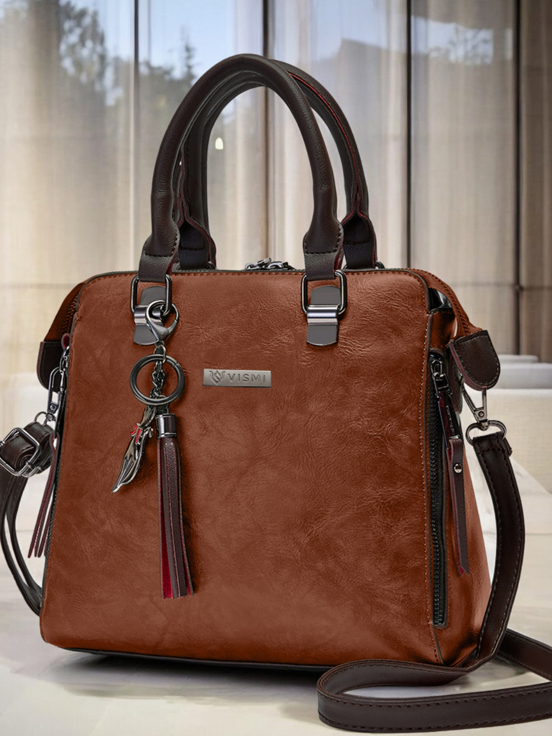 VISMIINTREND Women Structured Handheld Leather Bag Tan