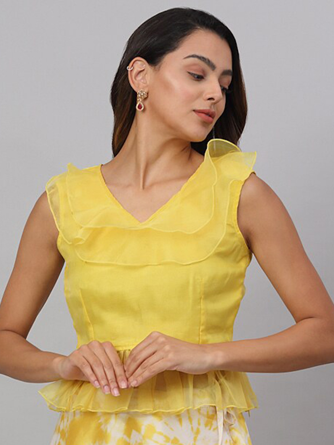 NEUDIS Yellow Floral Print Ruffles Maxi Longline Top