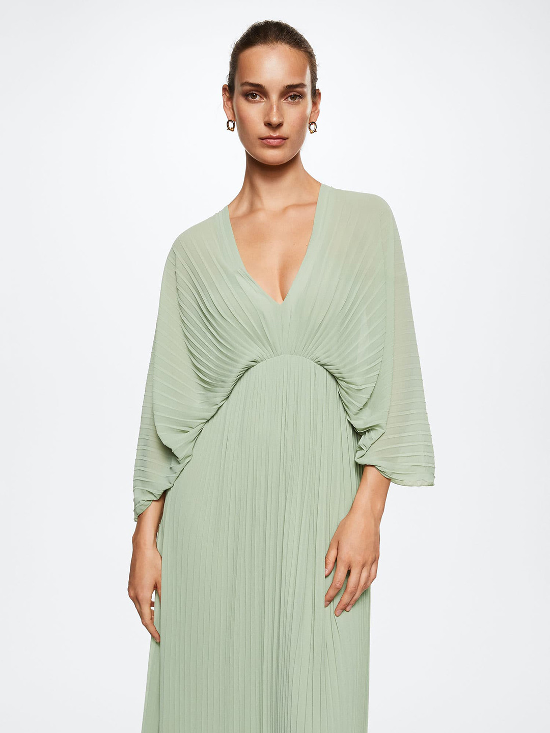 MANGO Pastel Green   Accordion Pleated Maxi Dress