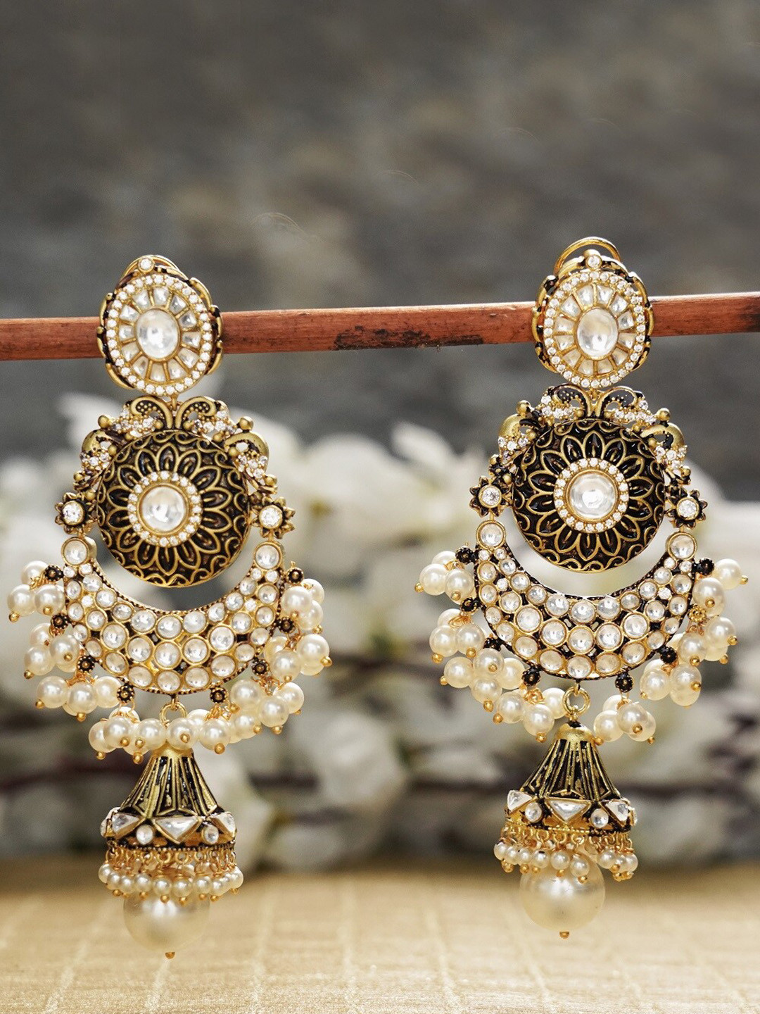 AURAA TRENDS Gold-Plated & White Chandbali Earrings With Jhumkas