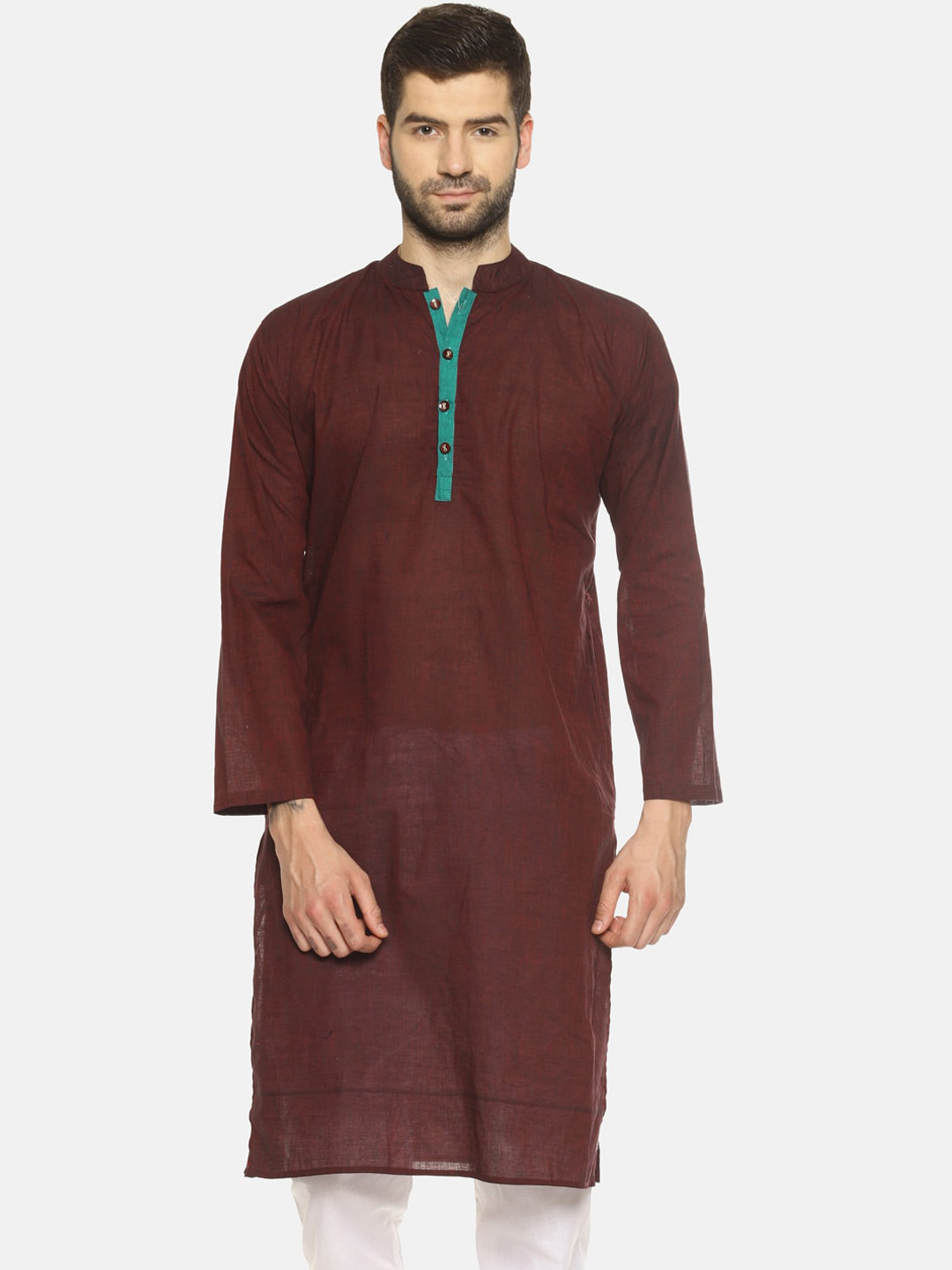 PAROKSH Men Maroon Thread Work Quirky Khadi Handloom Kurta