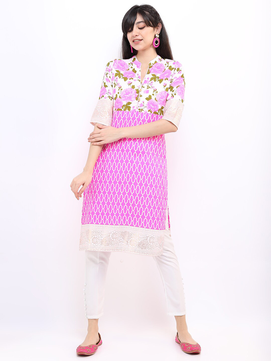 Vishudh Women Pink & Khaki Floral Printed Straight Kurta