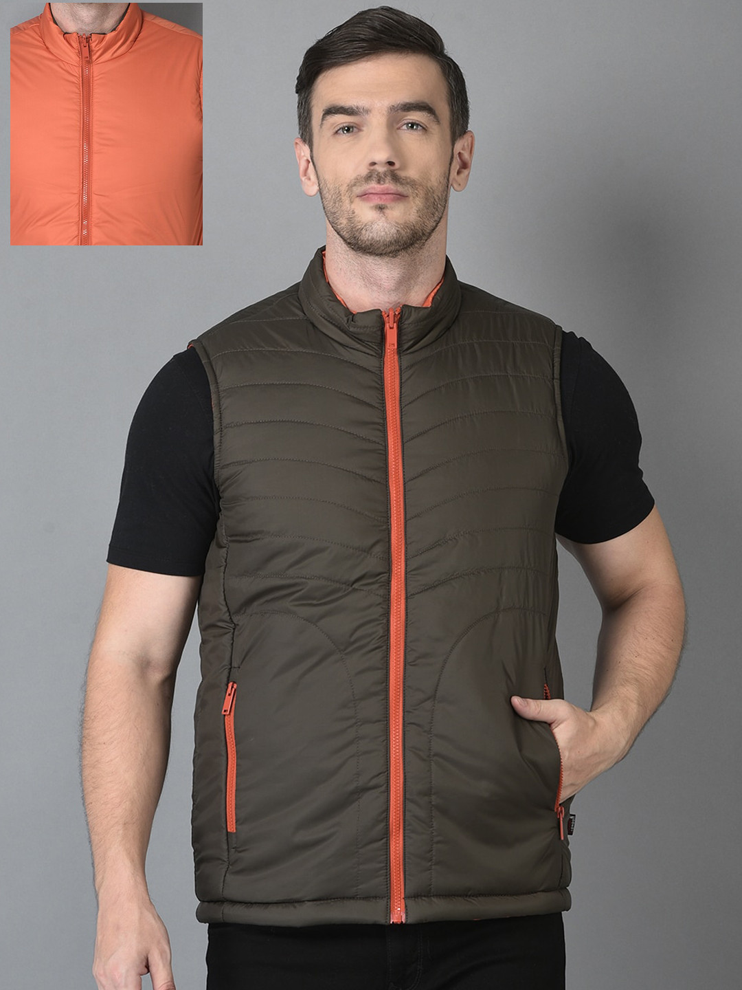 Canary London Men Olive Green & Orange Solid Reversible Padded Jacket