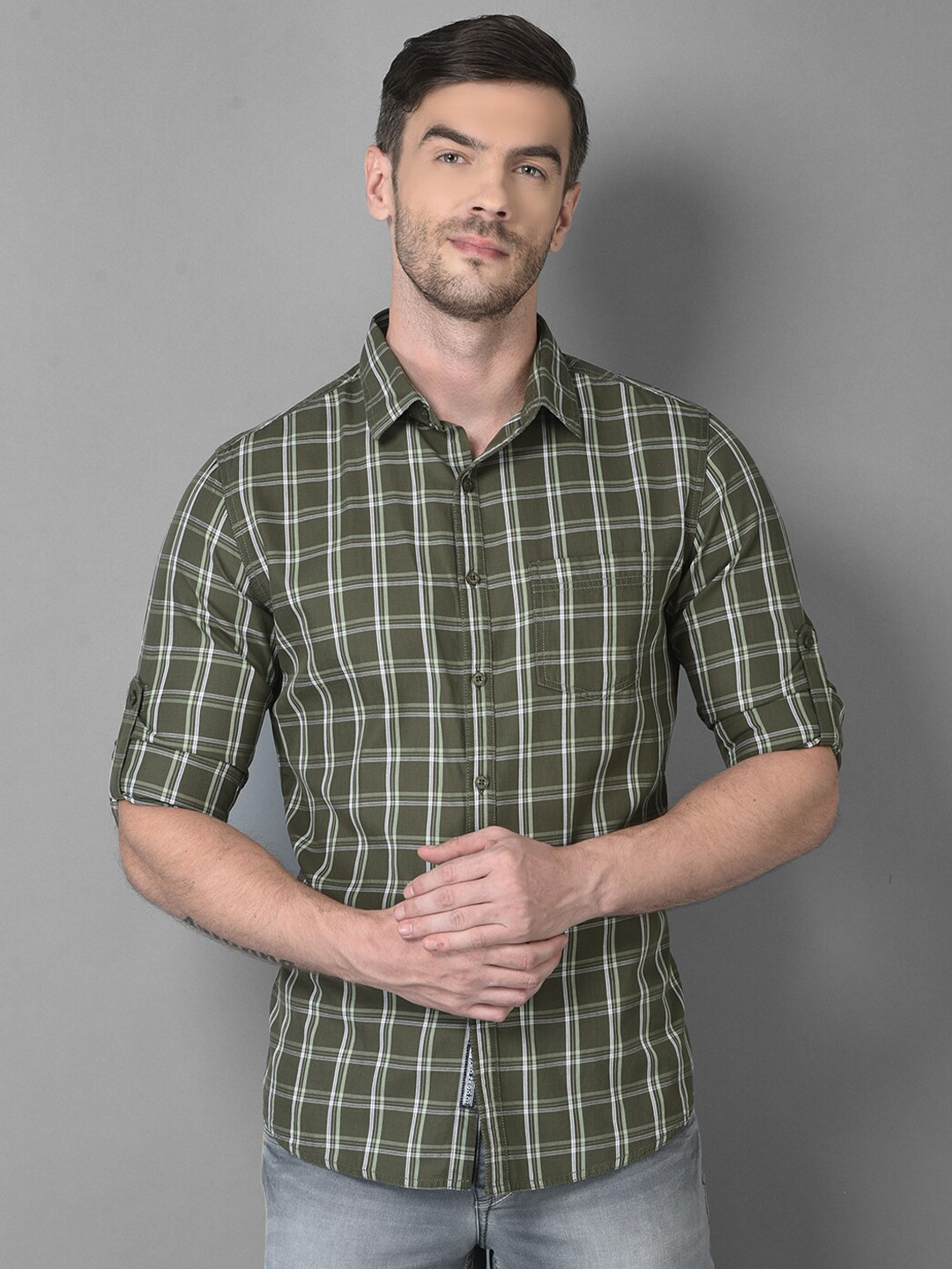 Canary London Men Olive Green Smart Slim Fit Tartan Checked Casual Shirt
