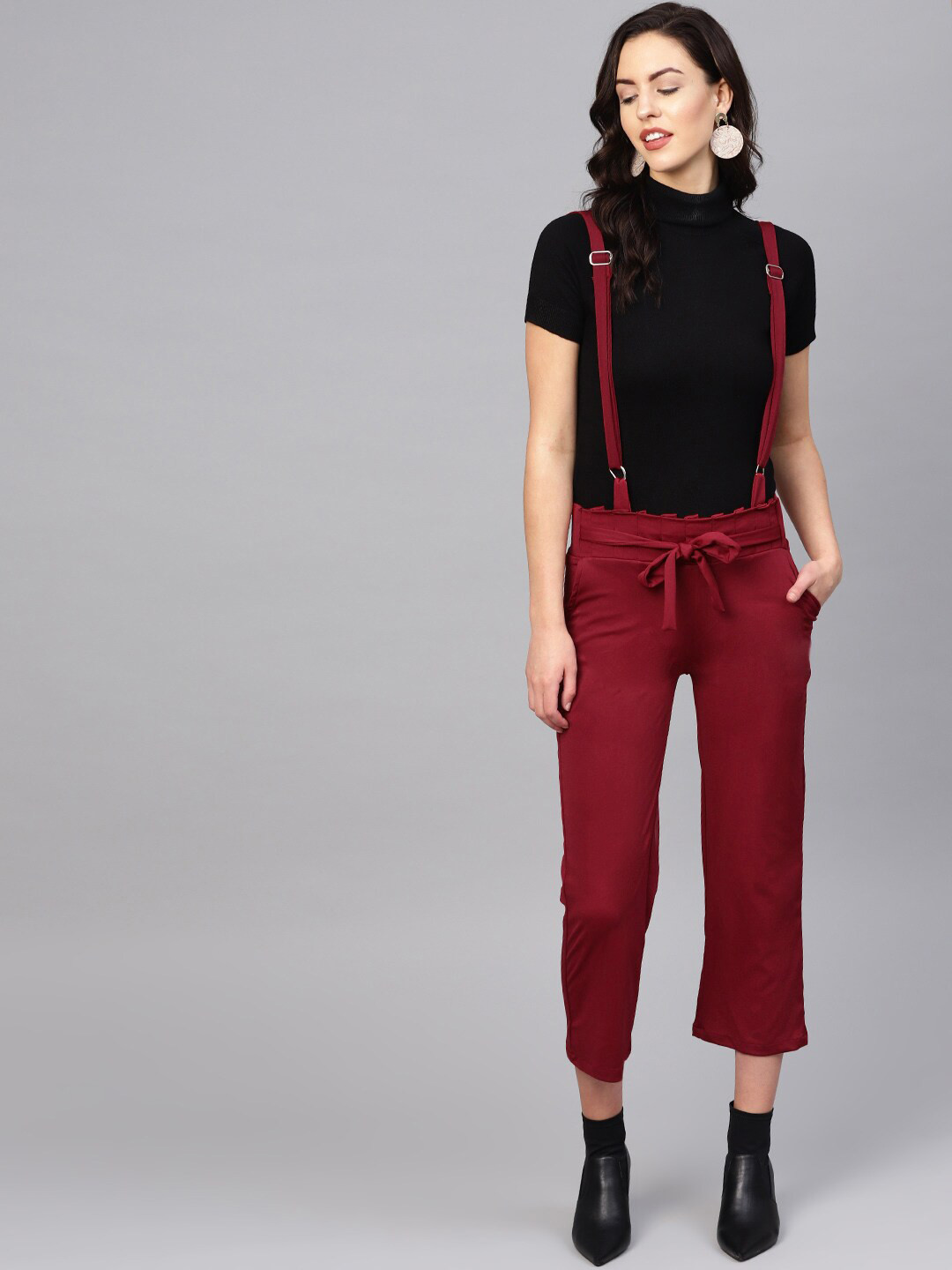 VOXATI Women Maroon Solid Cotton Dungarees