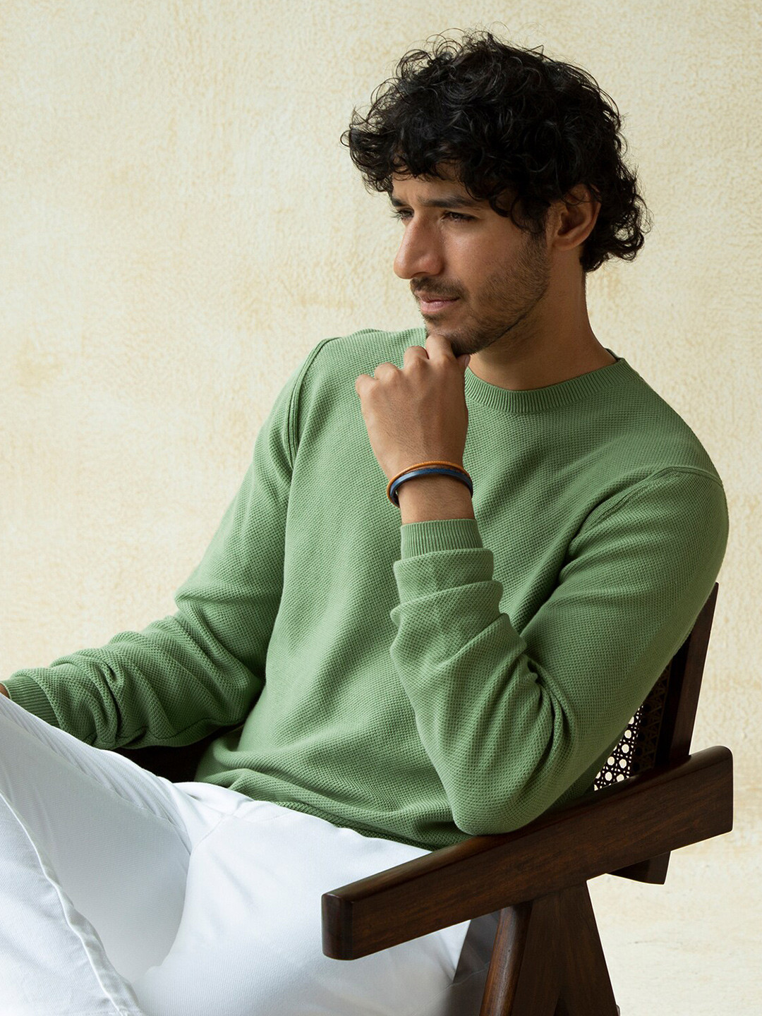 Andamen Men Green Solid Ribbed Hemline Cotton Pullover Sweater