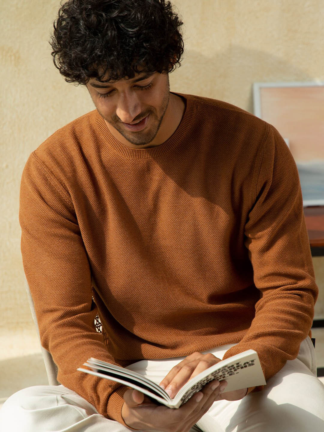 Andamen Men Gold Toned Solid Long Sleeves Ribbed Hemline Cotton Pullover Sweater