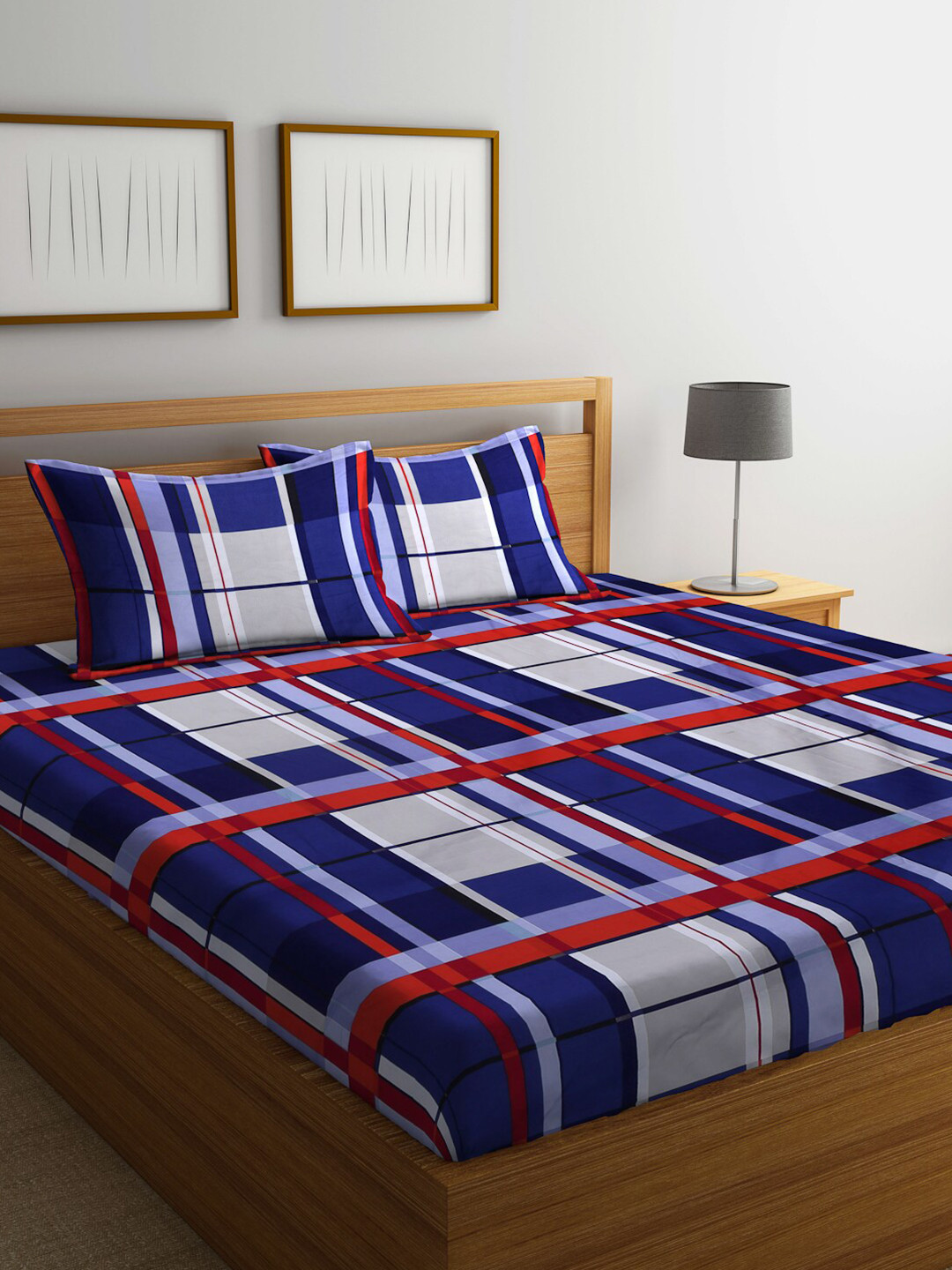 Arrabi Flat_King_Dbs Navy Blue Geometric Cotton 300 TC King Fine Bedsheet with 2 Pillow Covers-220 x 150 cm