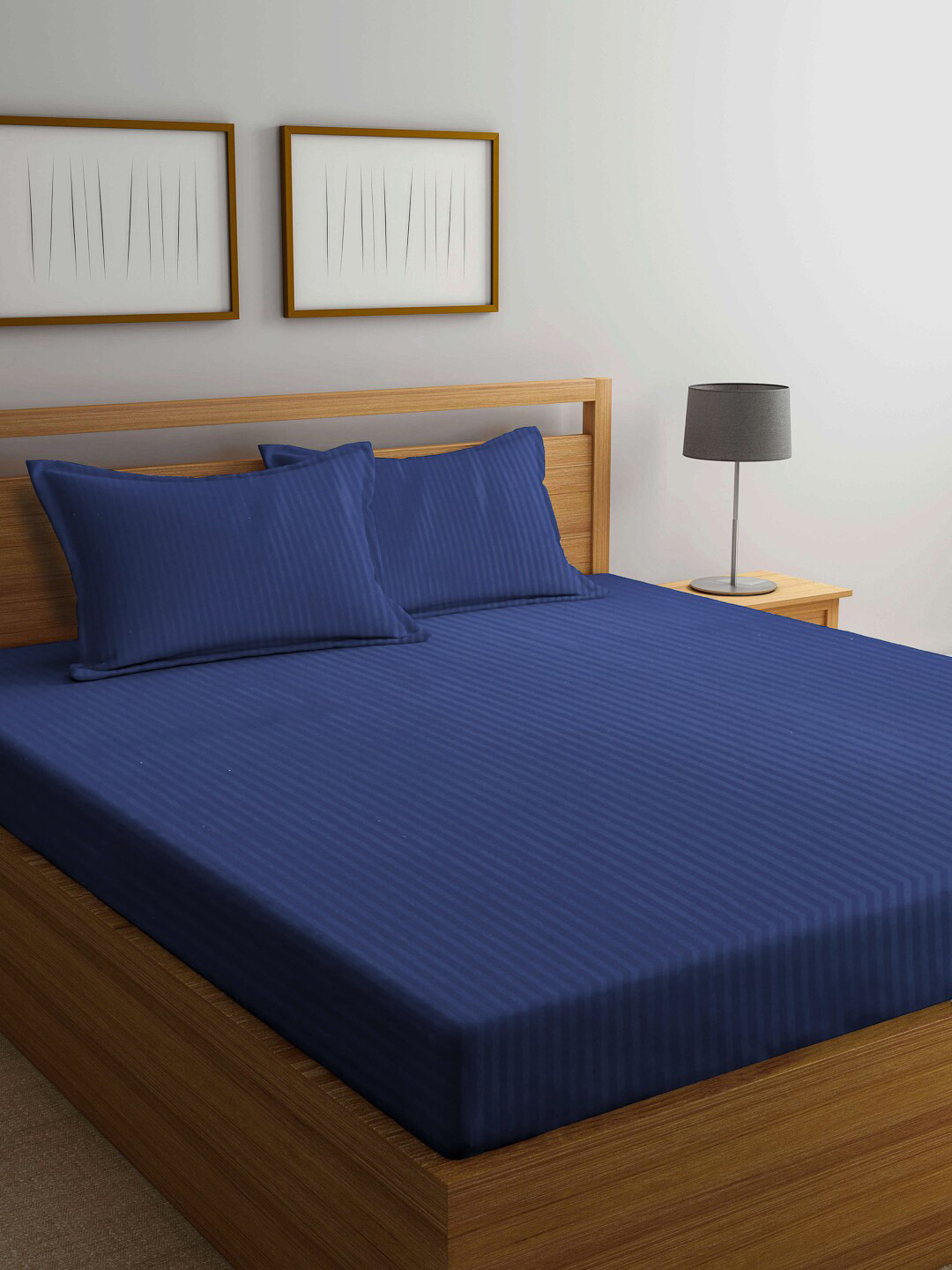 Arrabi Navy Blue Striped Cotton Shrink Resistant 300 TC King Fine Bedsheet with 2 Pillow Covers-215 x 250 cm