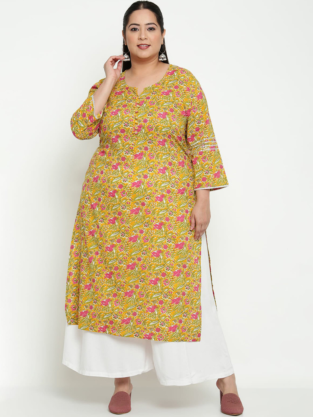 Sringam Plus Size Women Mustard Yellow & Pink Floral Printed Kurta