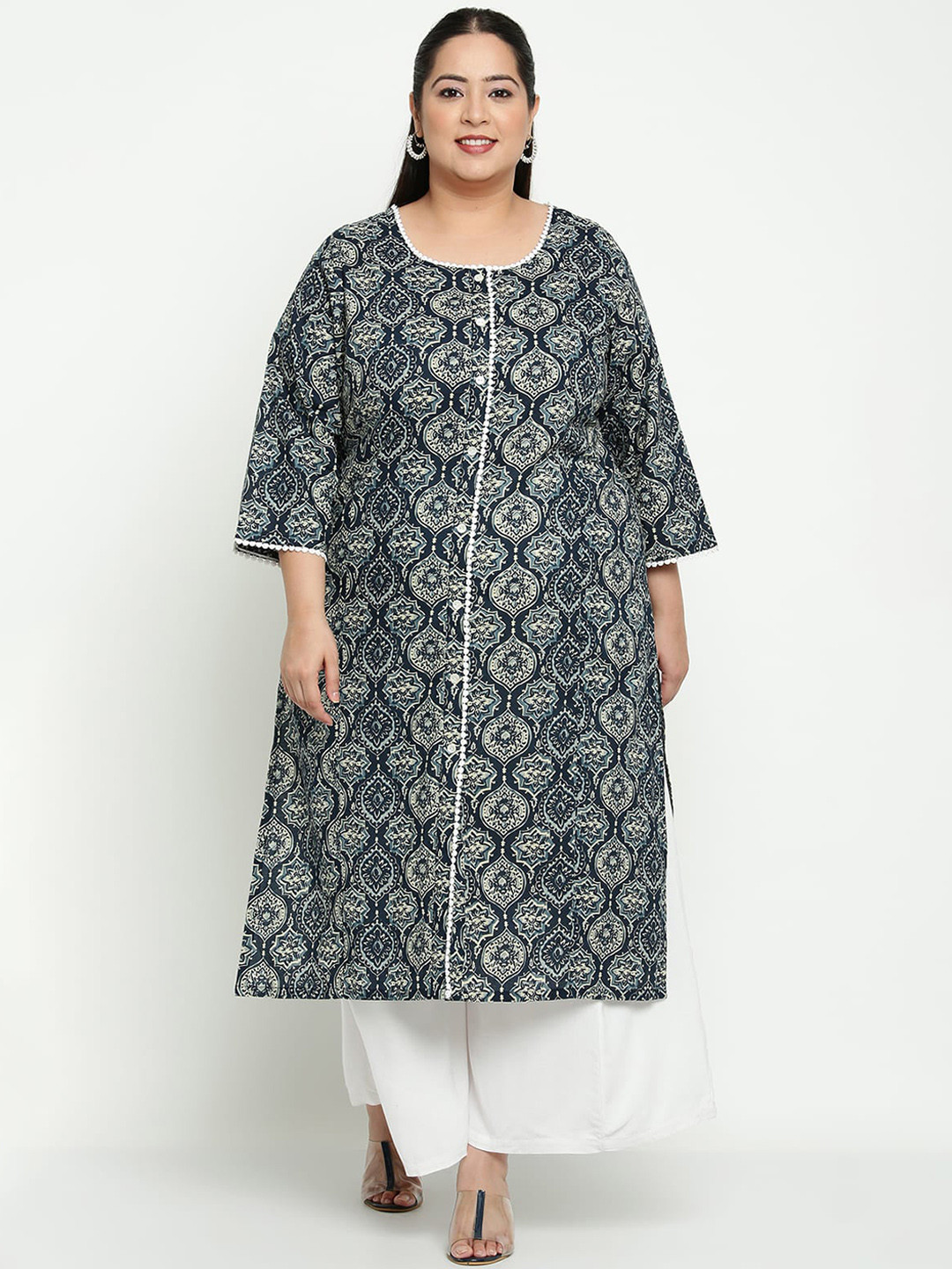 Sringam Plus Size Women Blue & Beige Printed Kurta