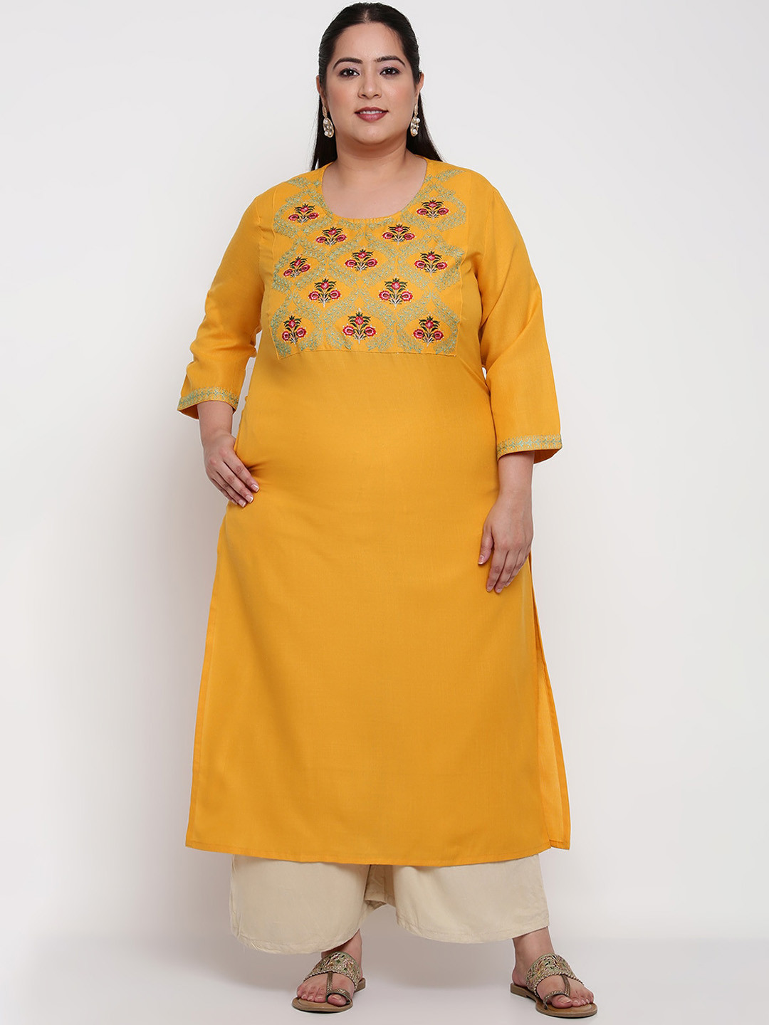 Sringam Plus Size Women Yellow & Red Embroidered Thread Work Kurta