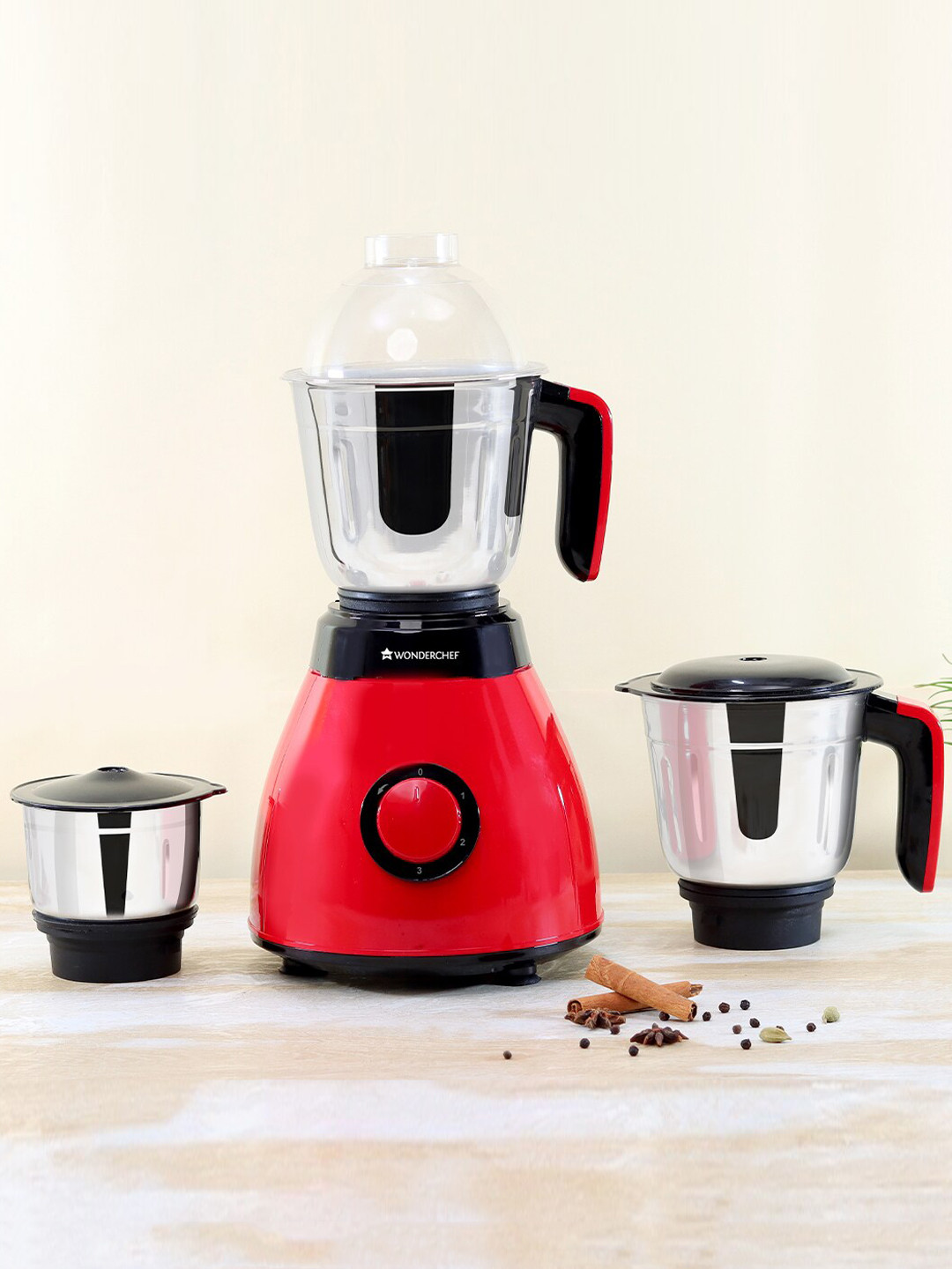 Wonderchef Vesper Red Stainless Steel Safety Lock 3 Jars Wet and Dry Grinder with Juicer-600W