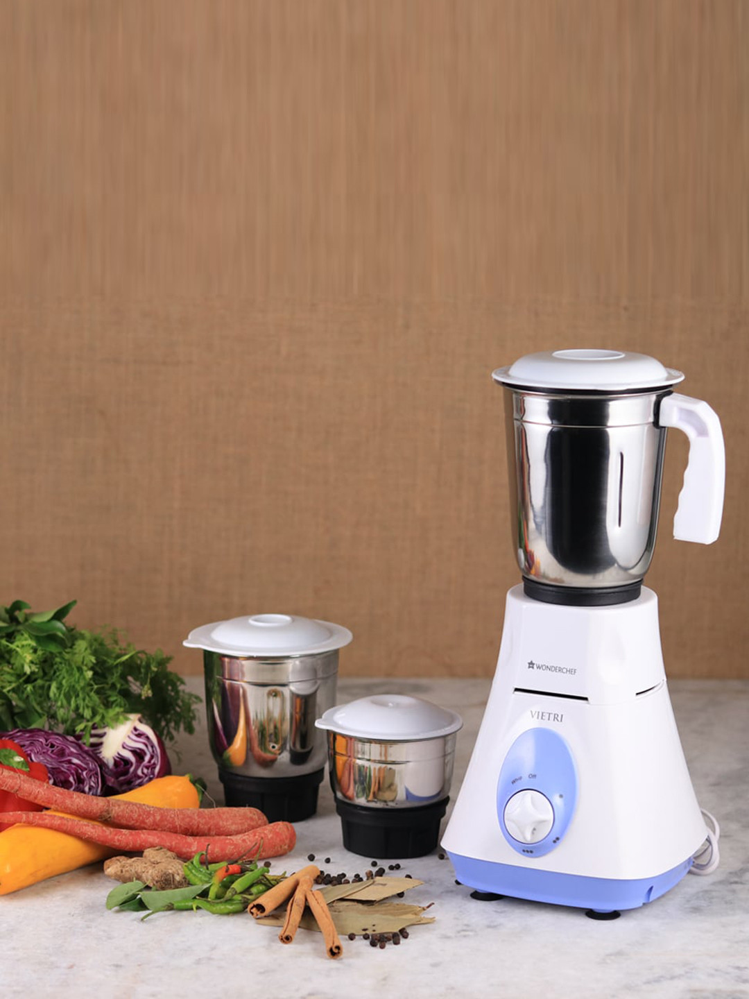 Wonderchef Glory Blue Stainless Steel Heavy Duty Copper Armature 3 Jars Wet and Dry Grinder with Juicer-500W