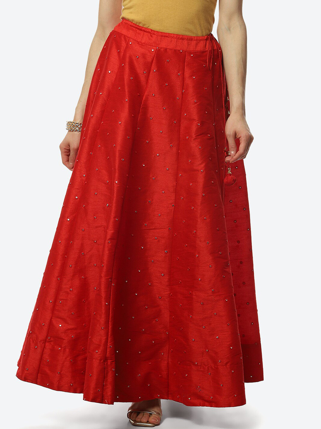 Biba Women Red Mirror Work Embellished Flared Maxi Skirt