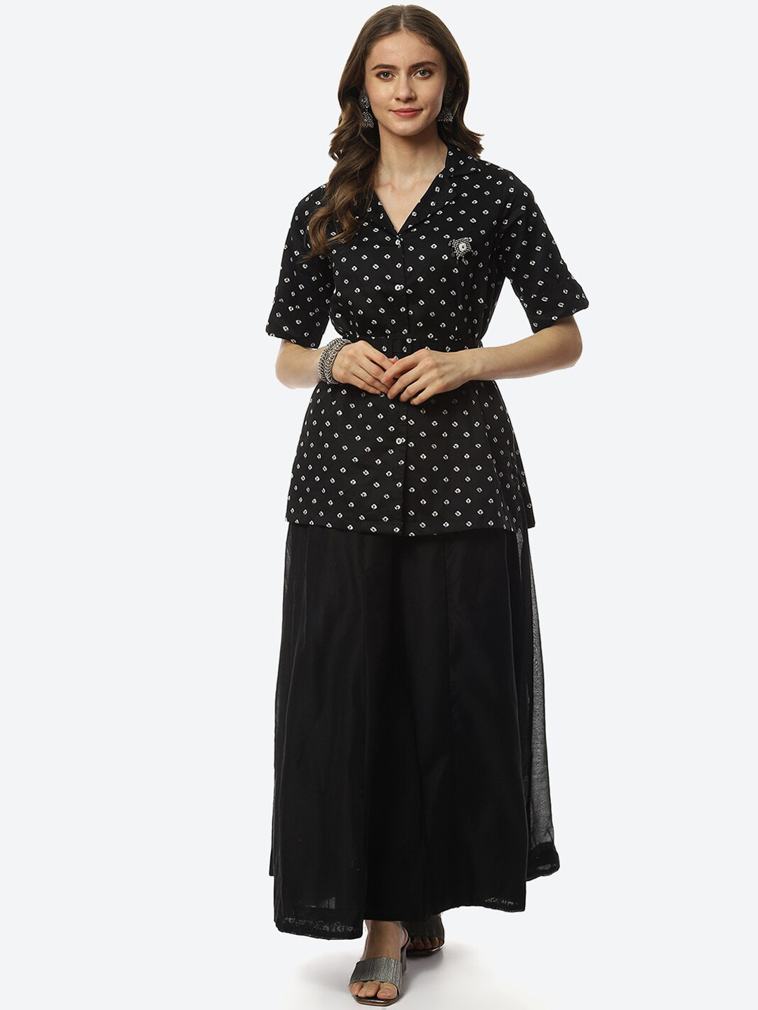 Biba Women Black Printed Shirt Style Longline Top with Palazzo Set