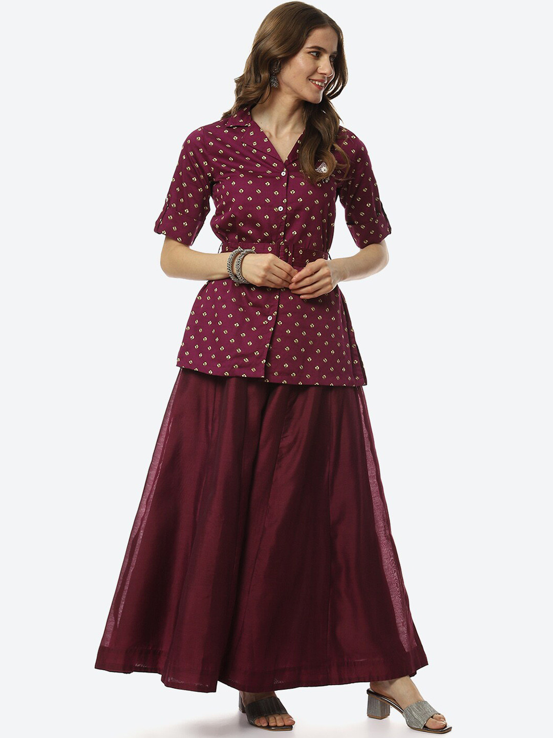 Biba Women Purple Printed Longline Shirt Style Top with Palazzo Set