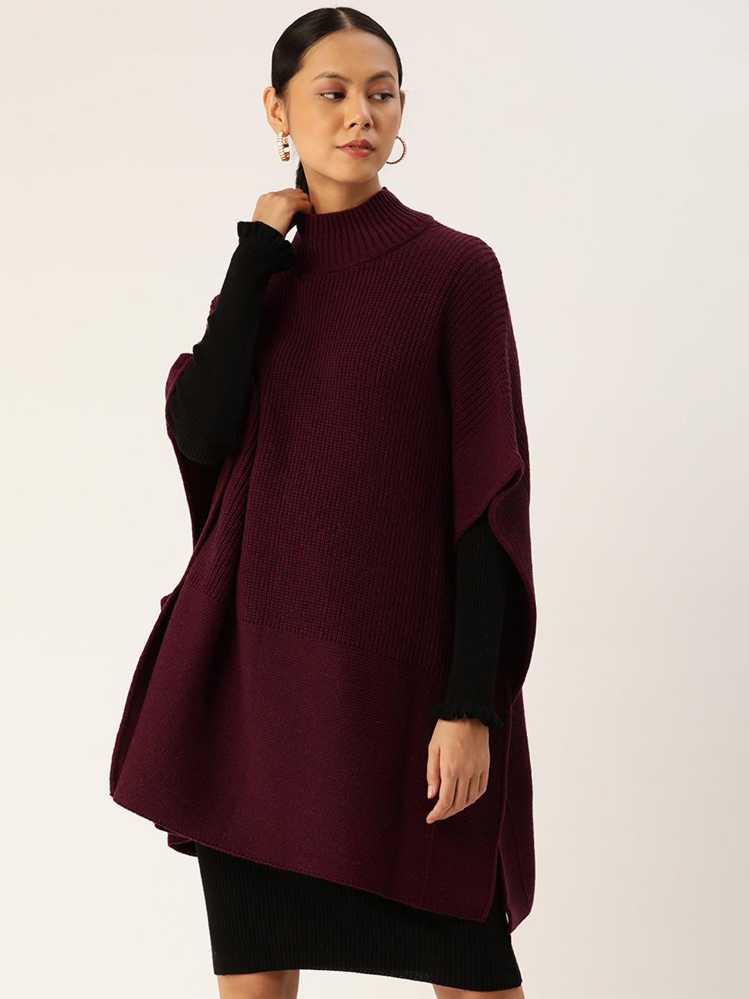 APSLEY Women Maroon Solid Longline Poncho