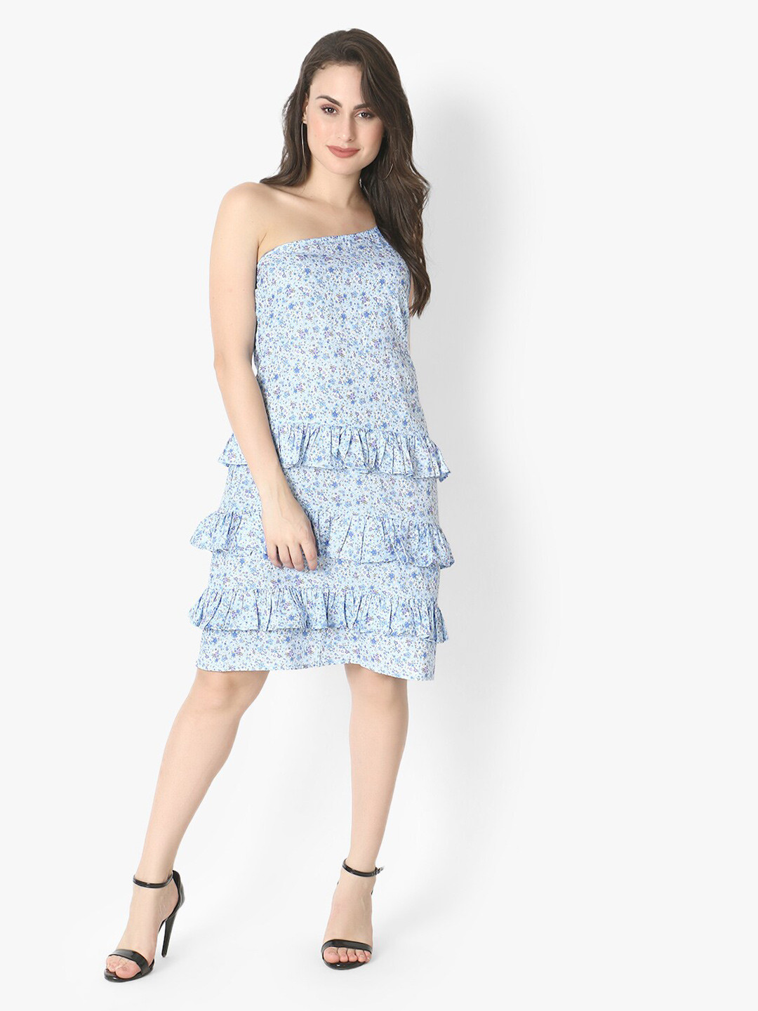 Again fashions Blue Floral One Shoulder Layered A-Line Dress