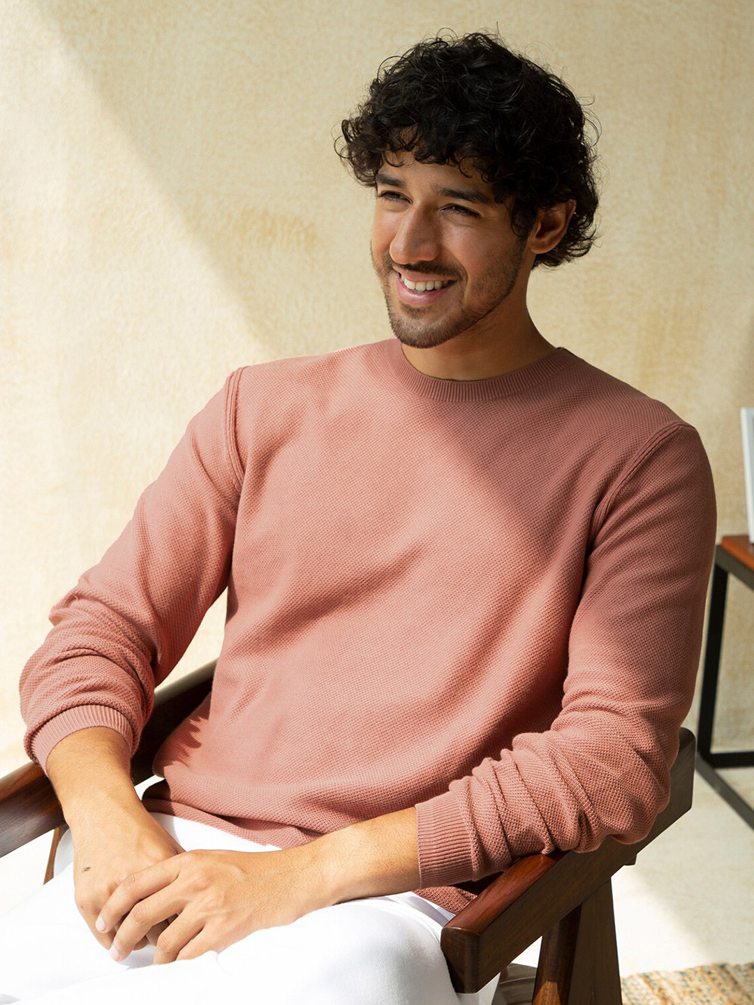Andamen Men Pink Solid Long Sleeves Ribbed Hemline Cotton Pullover Sweater