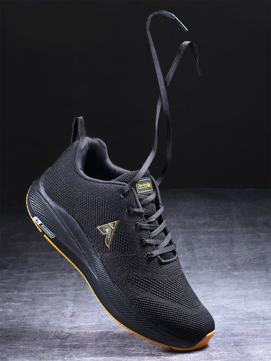 Action Men Black & Mustard Yellow Mesh Running Non-Marking Sports Shoes