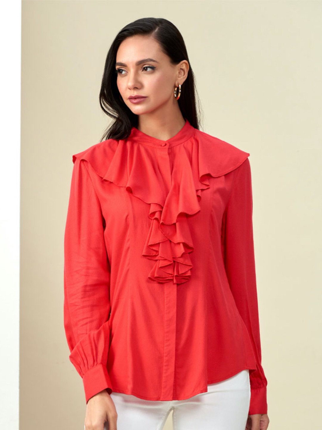 Style Island Women White Mandarin Collar Ruffles Shirt Style Top