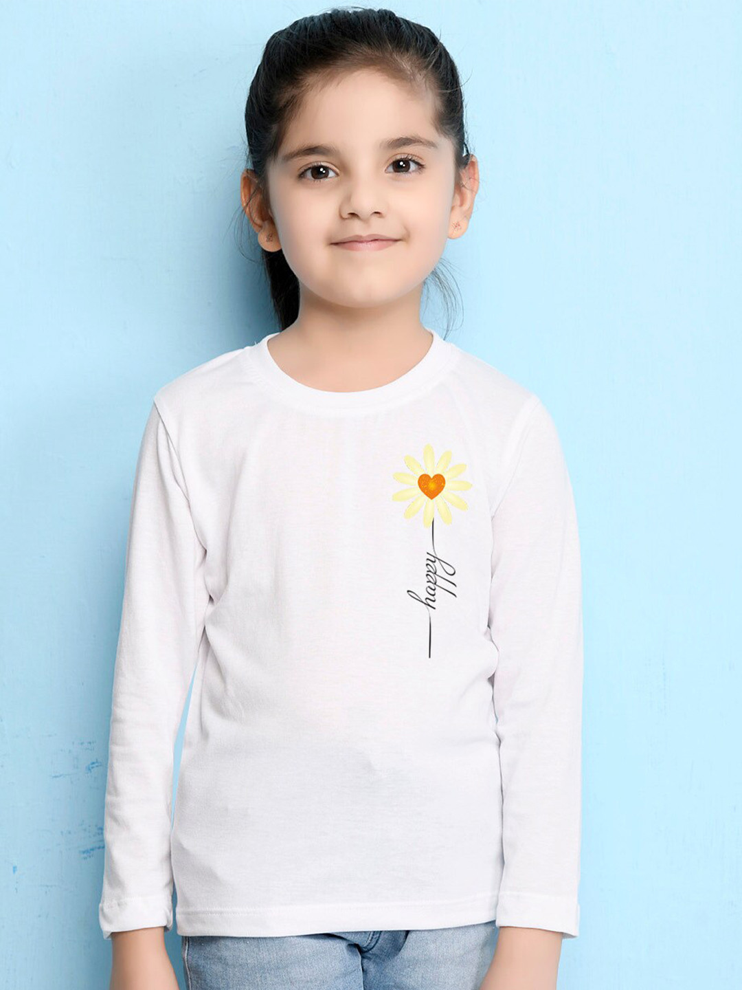 NUSYL Girls White Graphic Printed Long Sleeves T-shirt