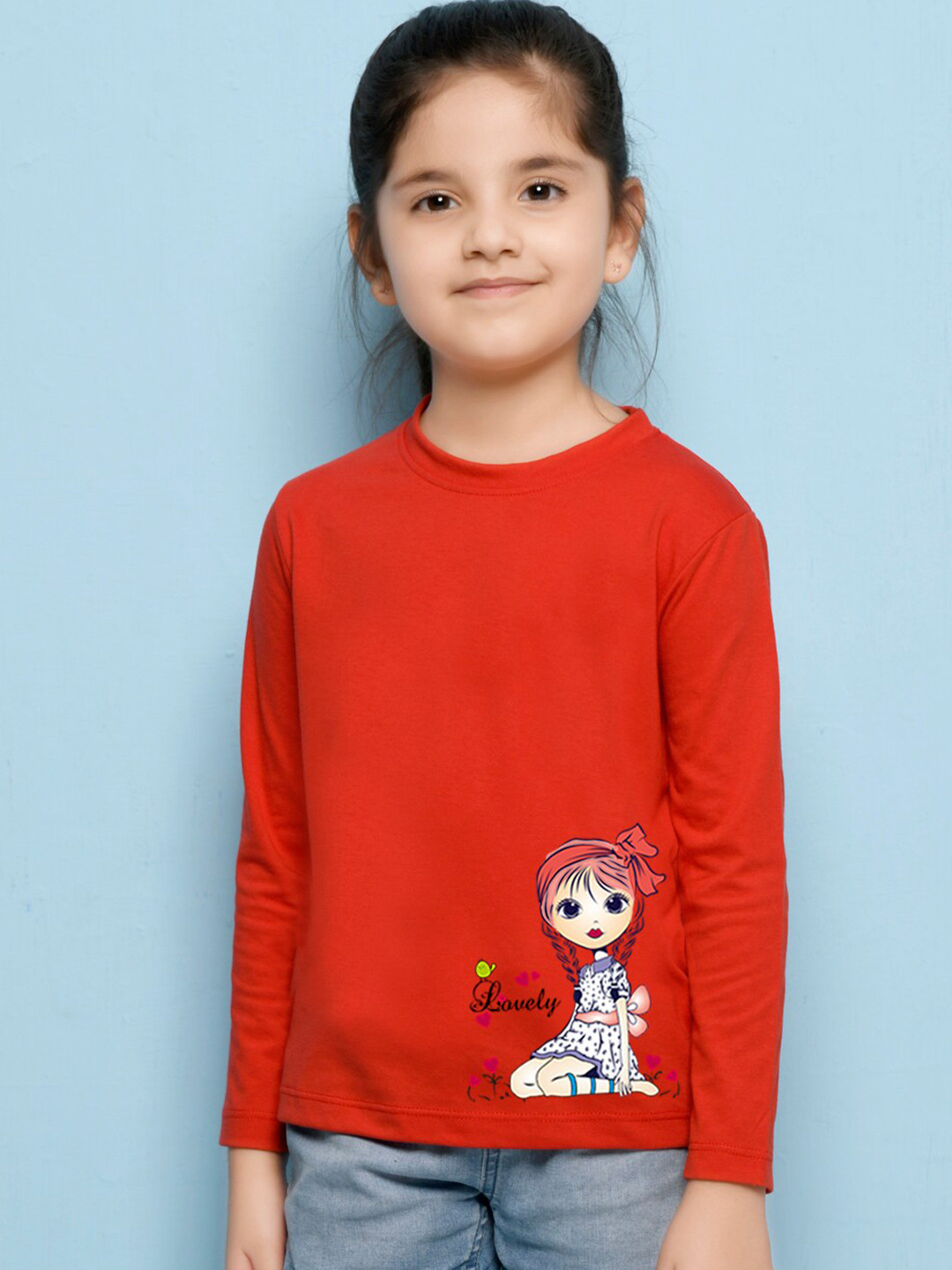 NUSYL Girls Red Graphic Print Long Sleeves Cotton T Shirt