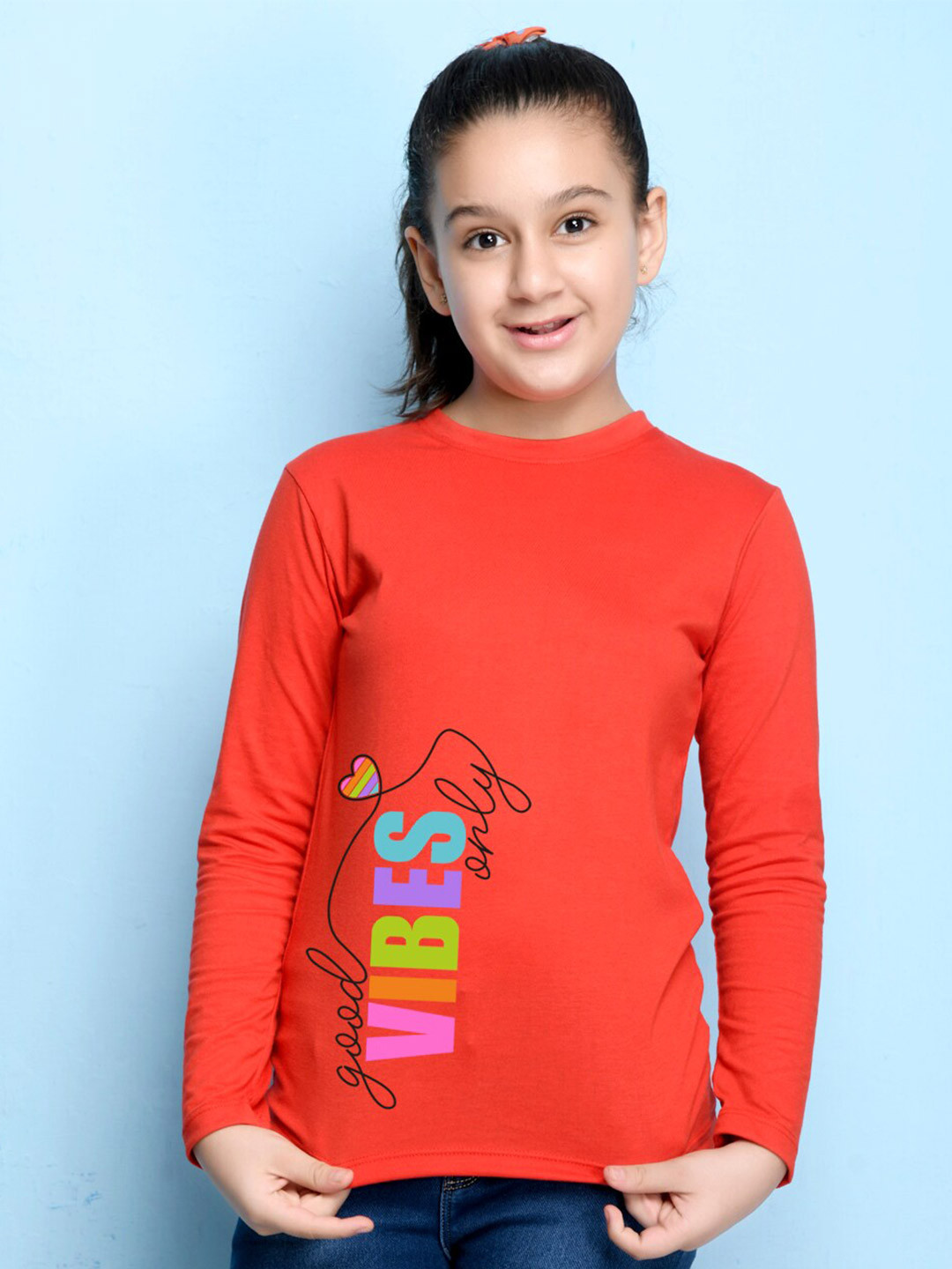 NUSYL Girls Red Typography Print Long Sleeves Cotton T Shirt